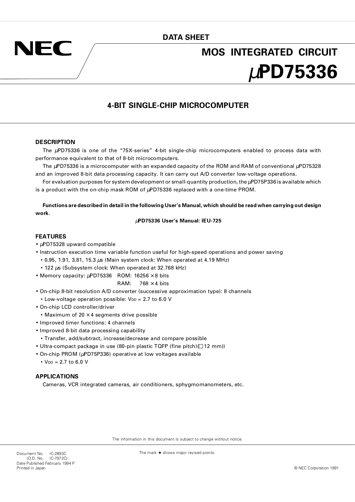 NEC UPD75336GC-A-XXX-3B9 Datasheet