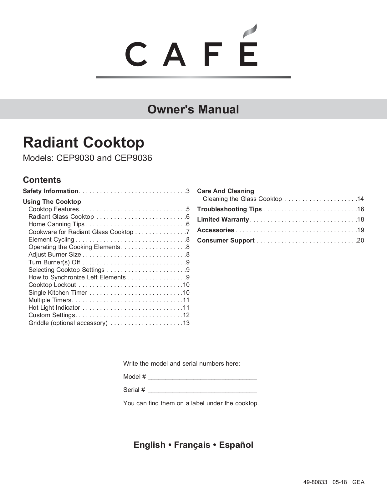 GE CEP90362N1SS, CEP90361N1BB Owner’s Manual