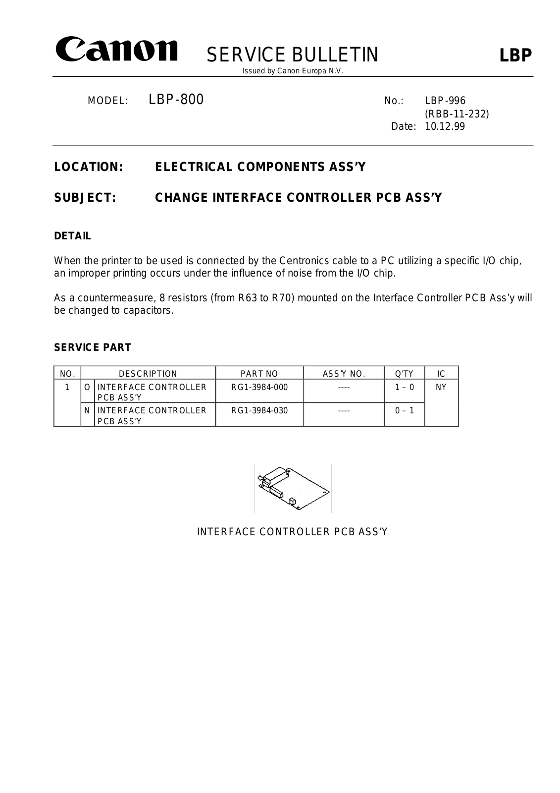 CANON lbp-996 SERVICE BULLETIN