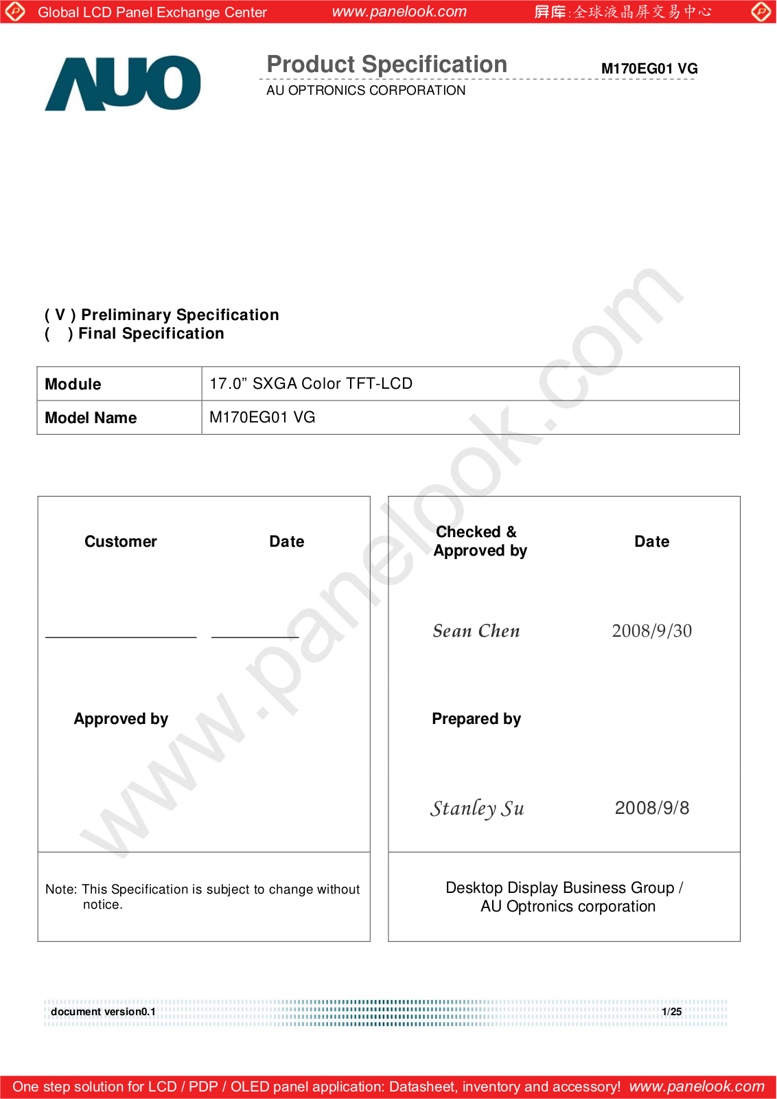 AUO M170EG01 VG Specification - ManualMachine.com