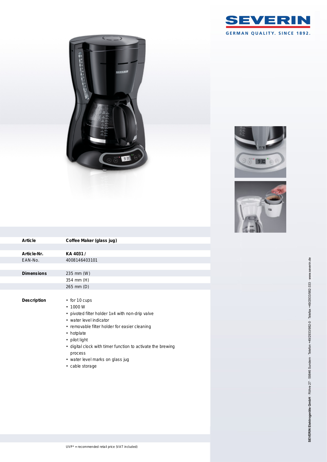 Severin COFFER MAKER, KA 4031 User Manual