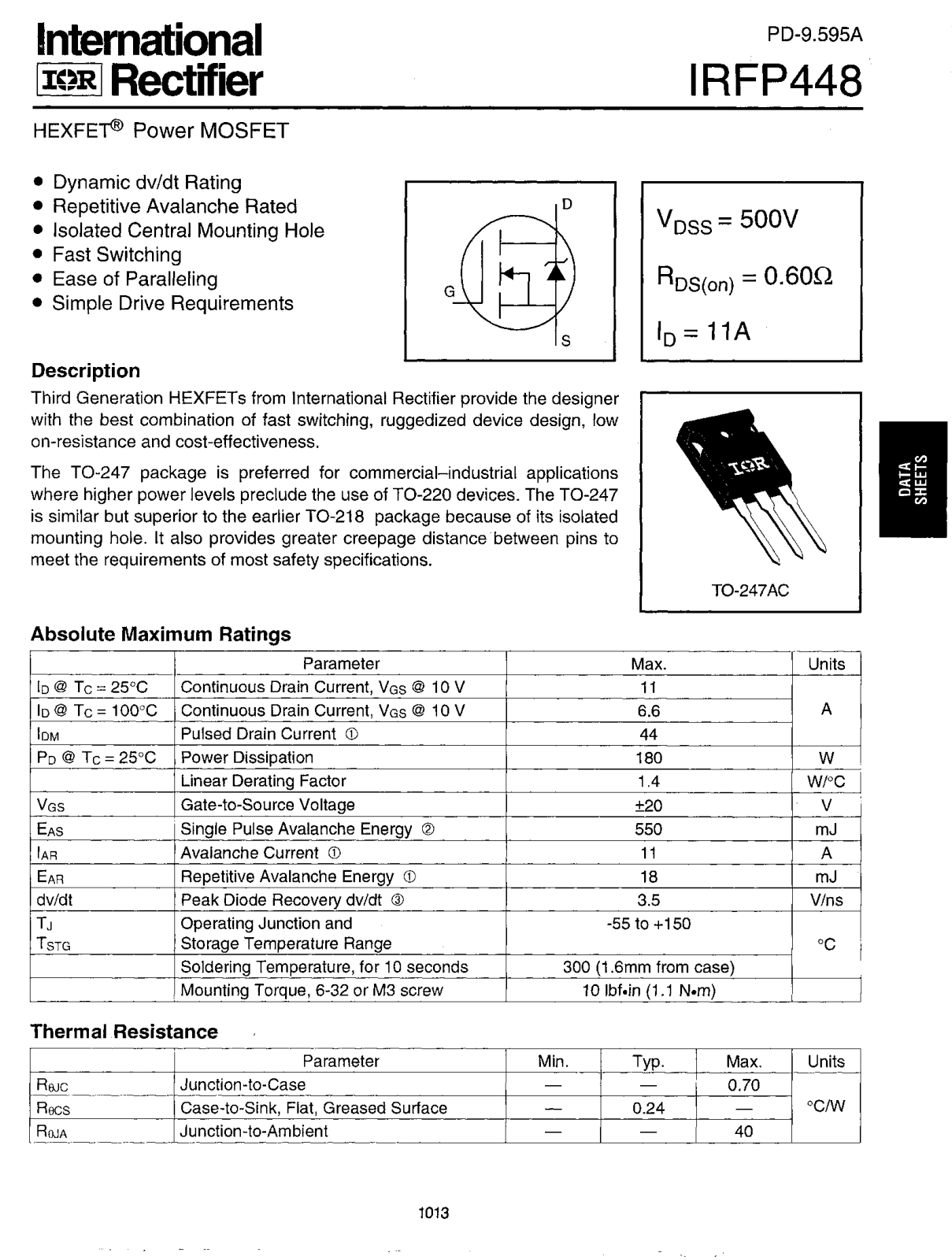 International Rectifier IRFP448 Datasheet