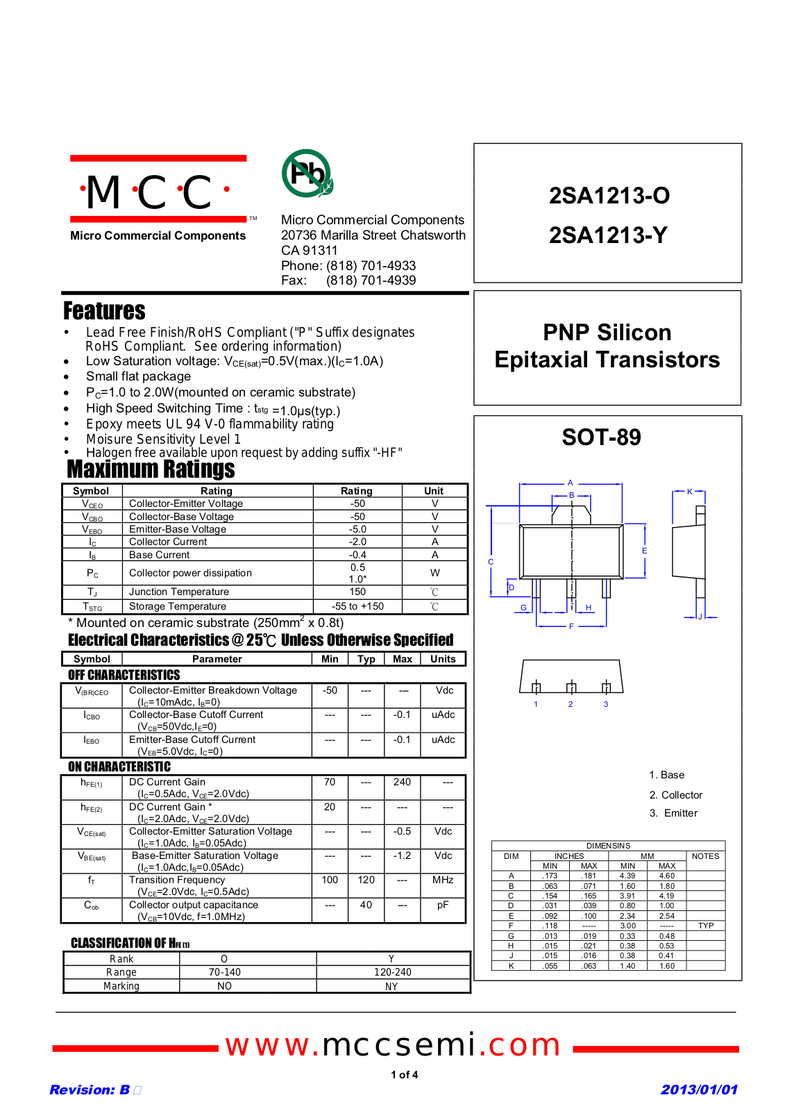MCC 2SA1213-O, 2SA1213-Y Schematic