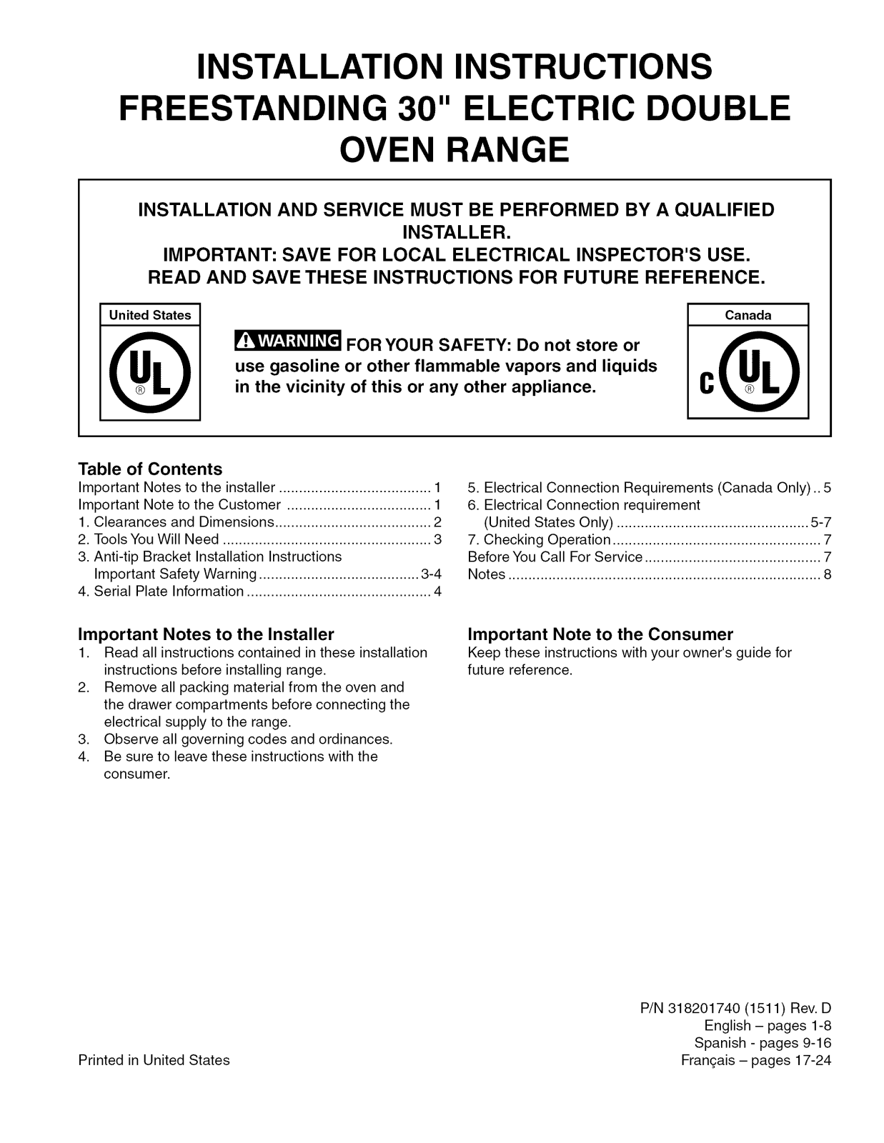 Frigidaire CGEF306TPFA Installation Guide