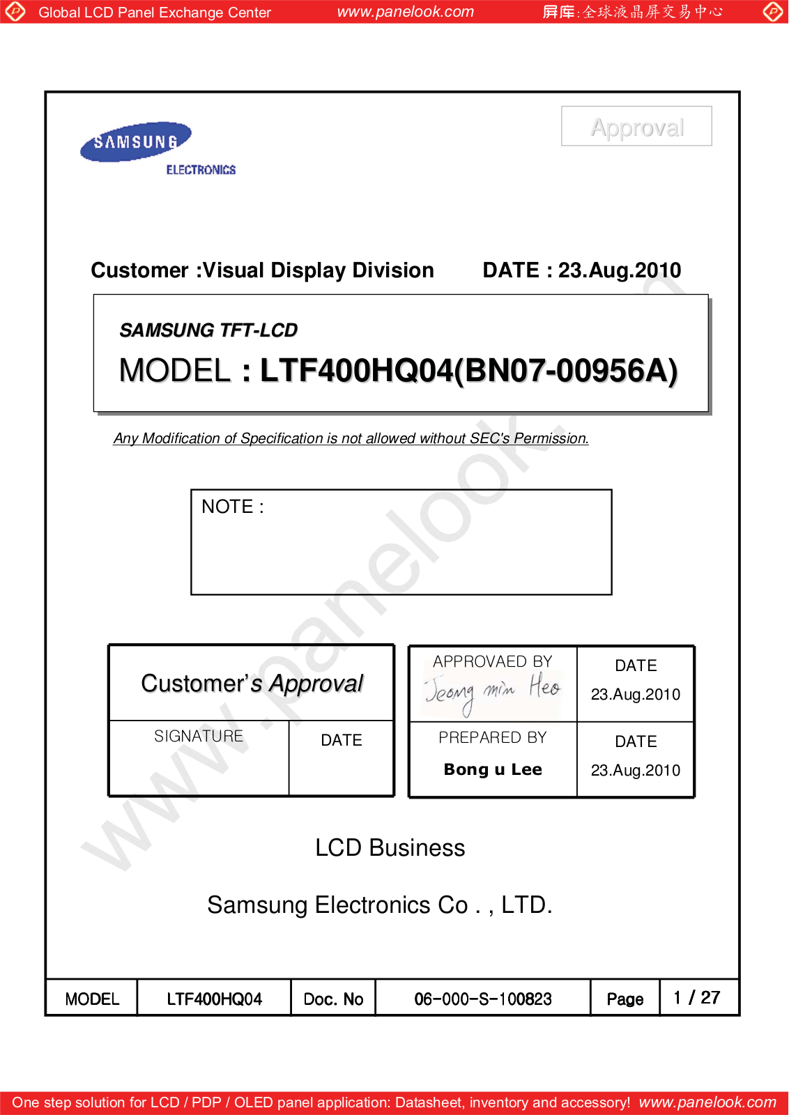 SAMSUNG LTF400HQ04 Specification