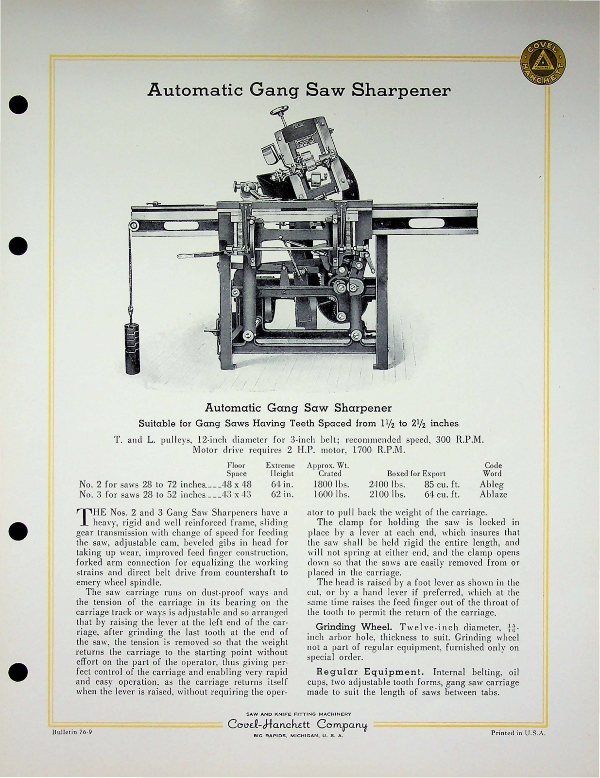 Covel Manufacturing Automatic Gang Saw Sharpener Other - ManualMachine.com