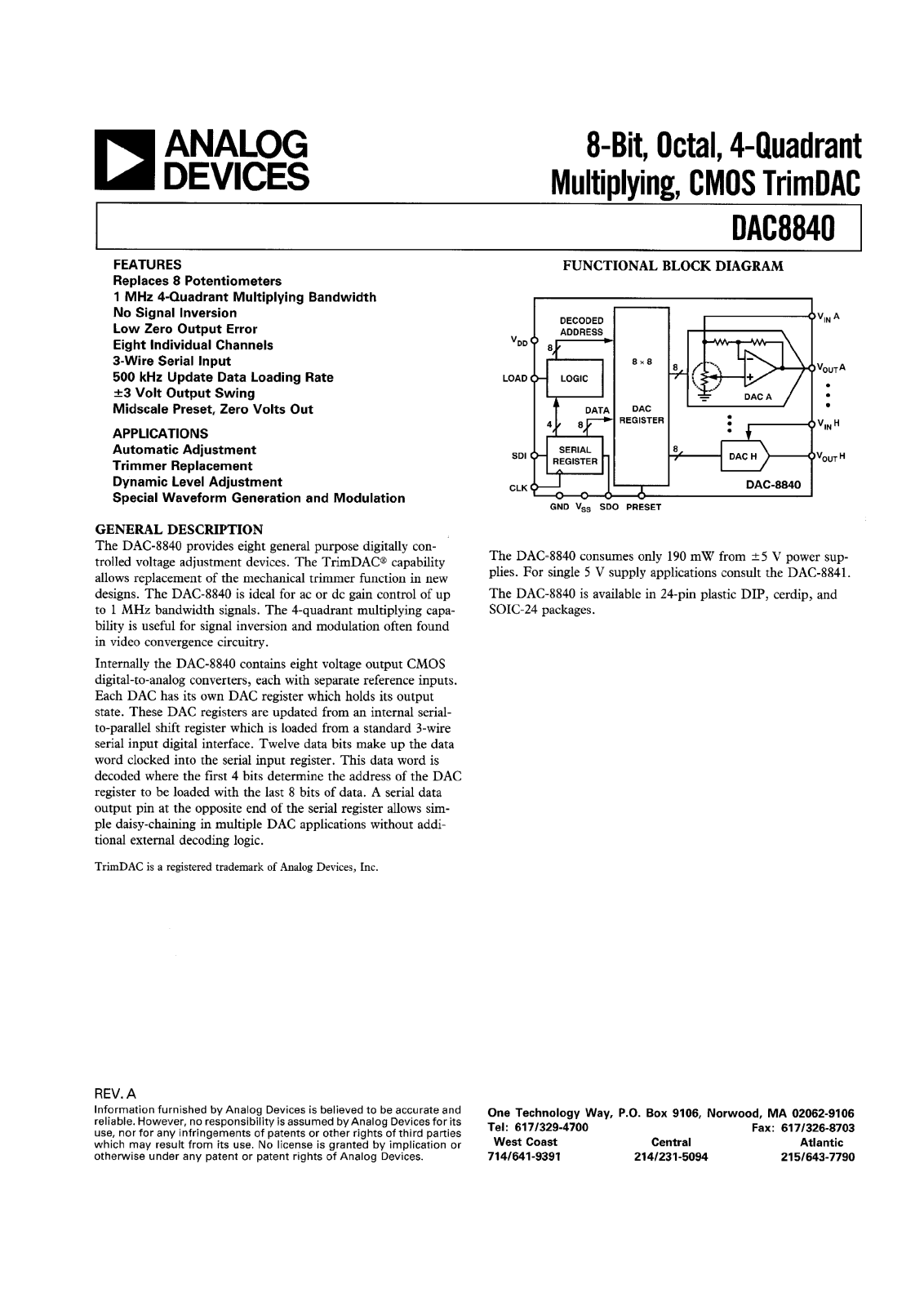 Analog Devices DAC8840GBS, DAC8840FW, DAC8840FS, DAC8840FP Datasheet