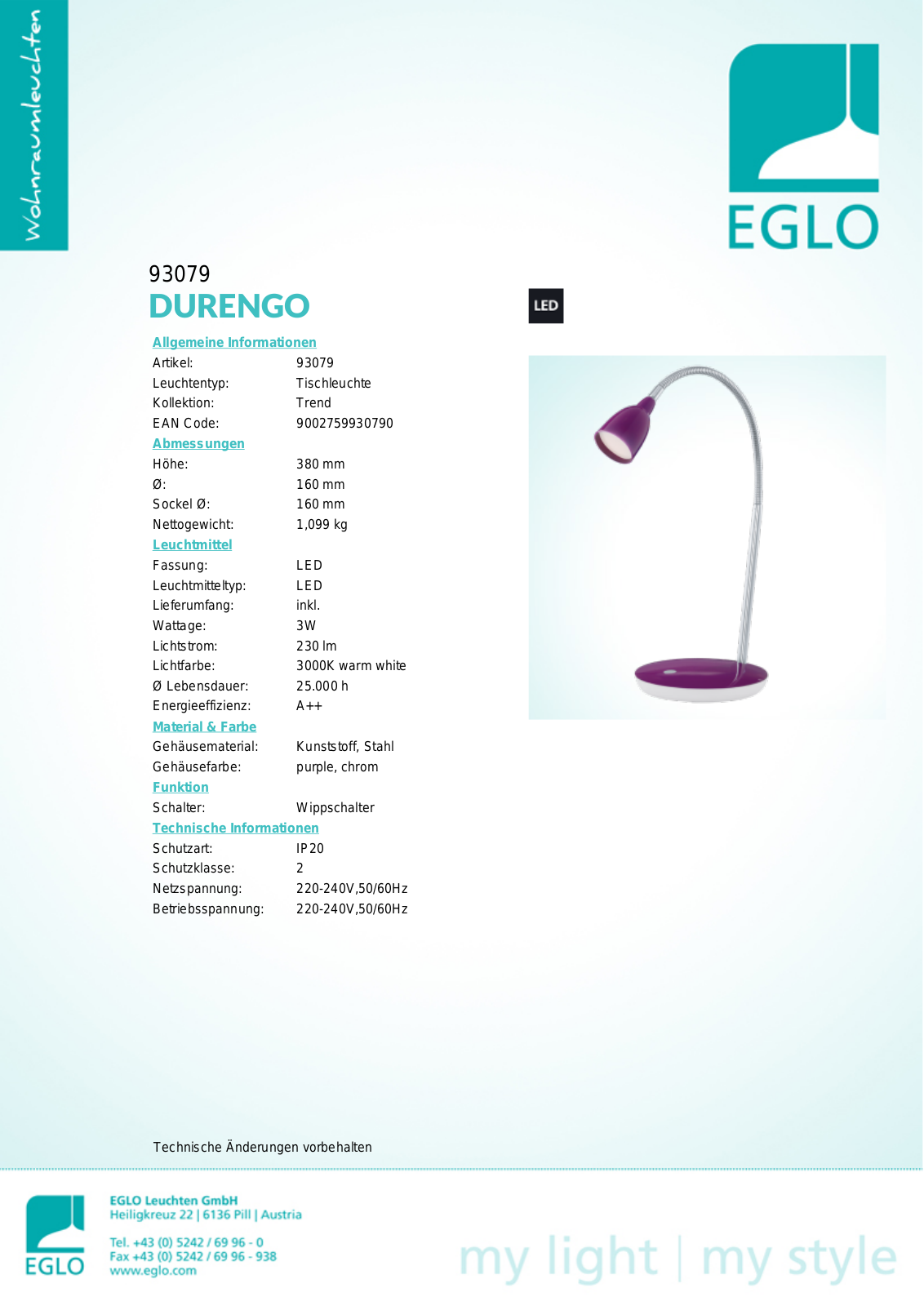 Eglo 93079 Technical data