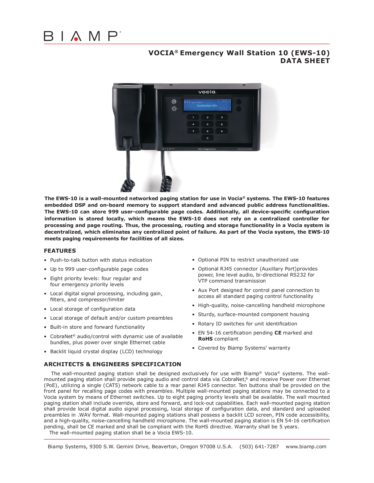 Biamp VOCIA EMERGENCY WALL STATION 10, EWS-10 DATASHEET