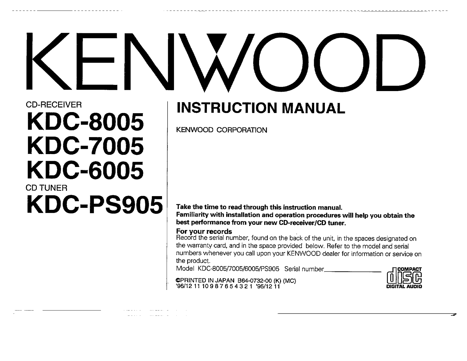 Kenwood KDC-7005, KDC-6005, KDC-PS905, KDC-8005 Owner's Manual