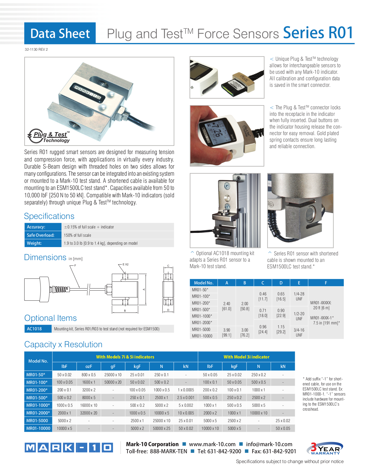 Mark-10 MR01-50, MR01-100, MR01-200, MR01-500, MR01-1000 Data Sheet