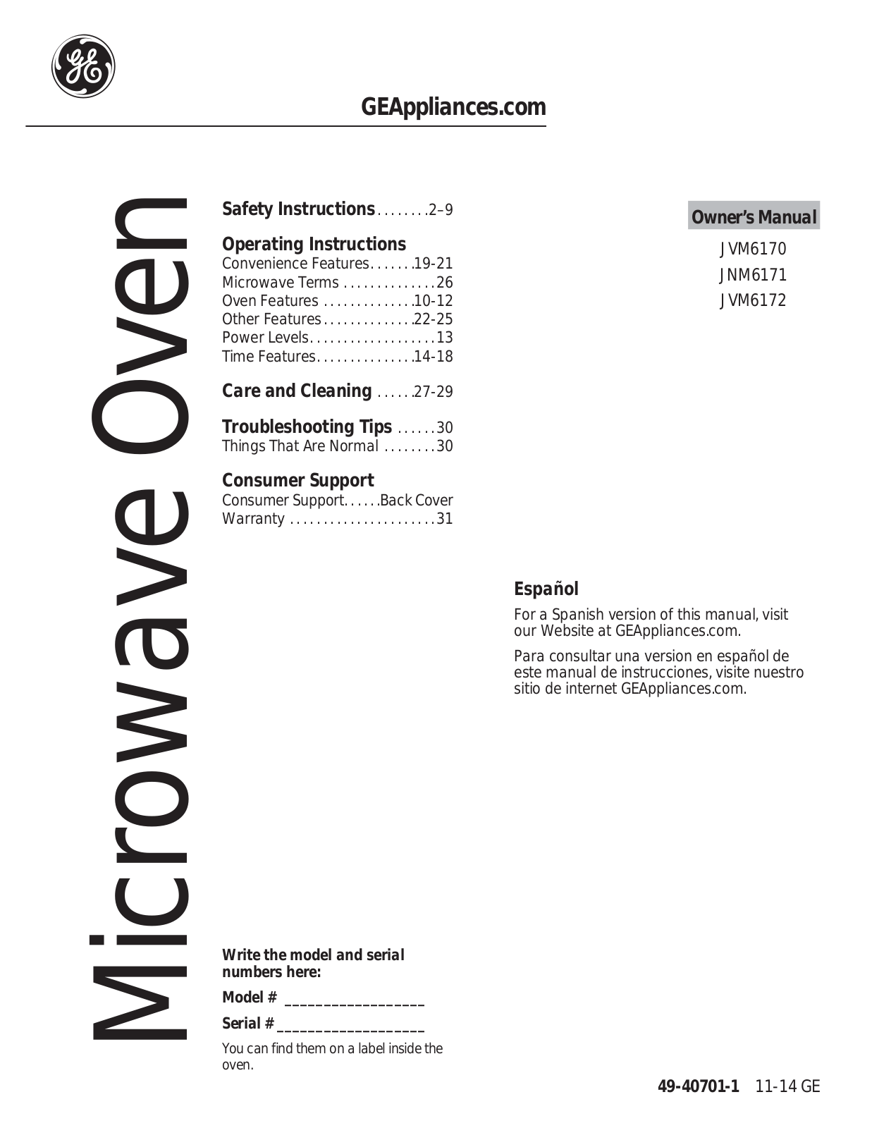 GE JVM6170, JNM6171, JVM6172 Owner’s Manual