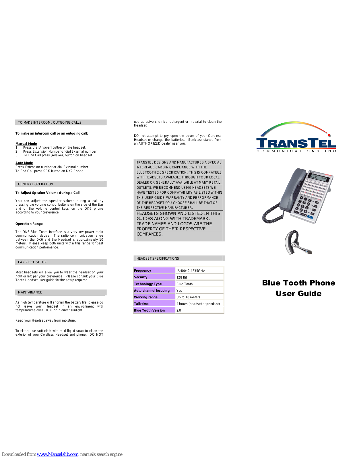 TransTel Communications Blue Tooth Phone User Manual