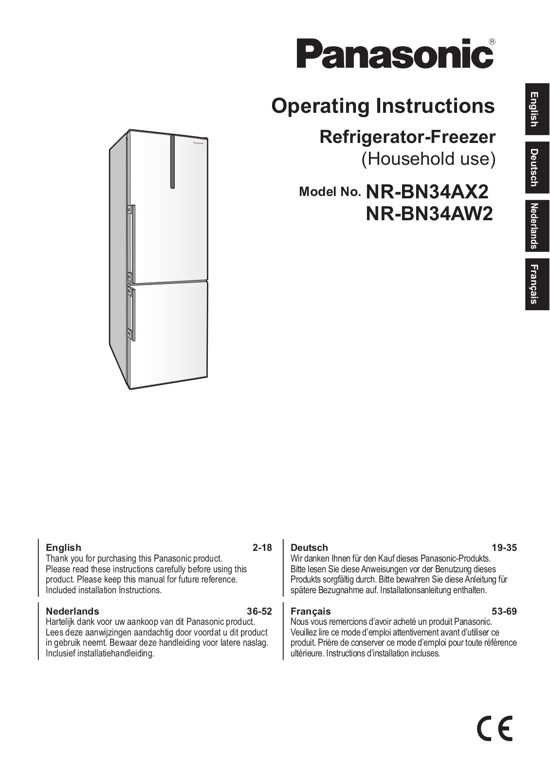 PANASONIC NR-BN34AX1-E, NRBN34AW2, NRBN34AX2 User Manual