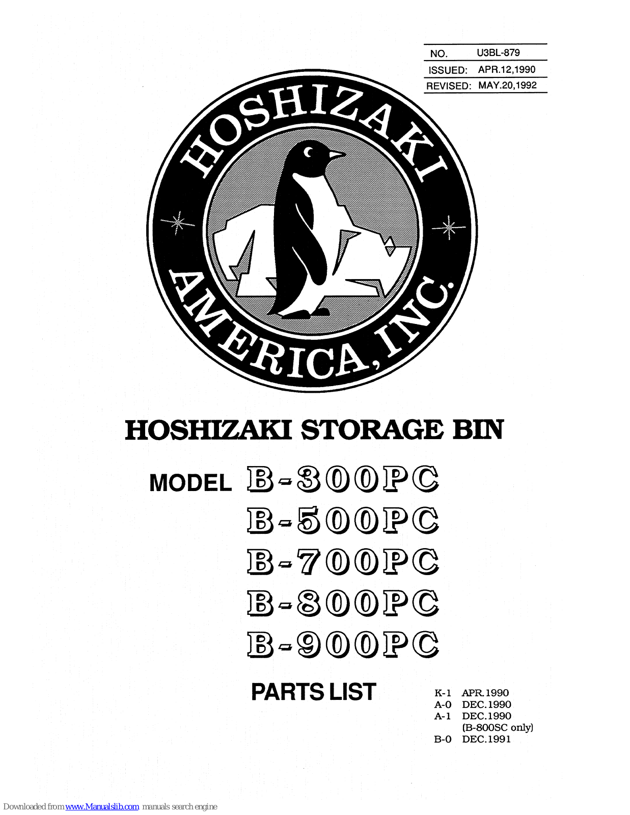 Hoshizaki B-300PC, B-700PC, B-500PC, B-800PC, B-900PC Parts List