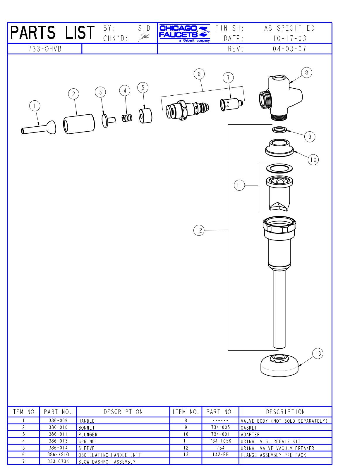 Chicago Faucet 733-OHVB Parts List