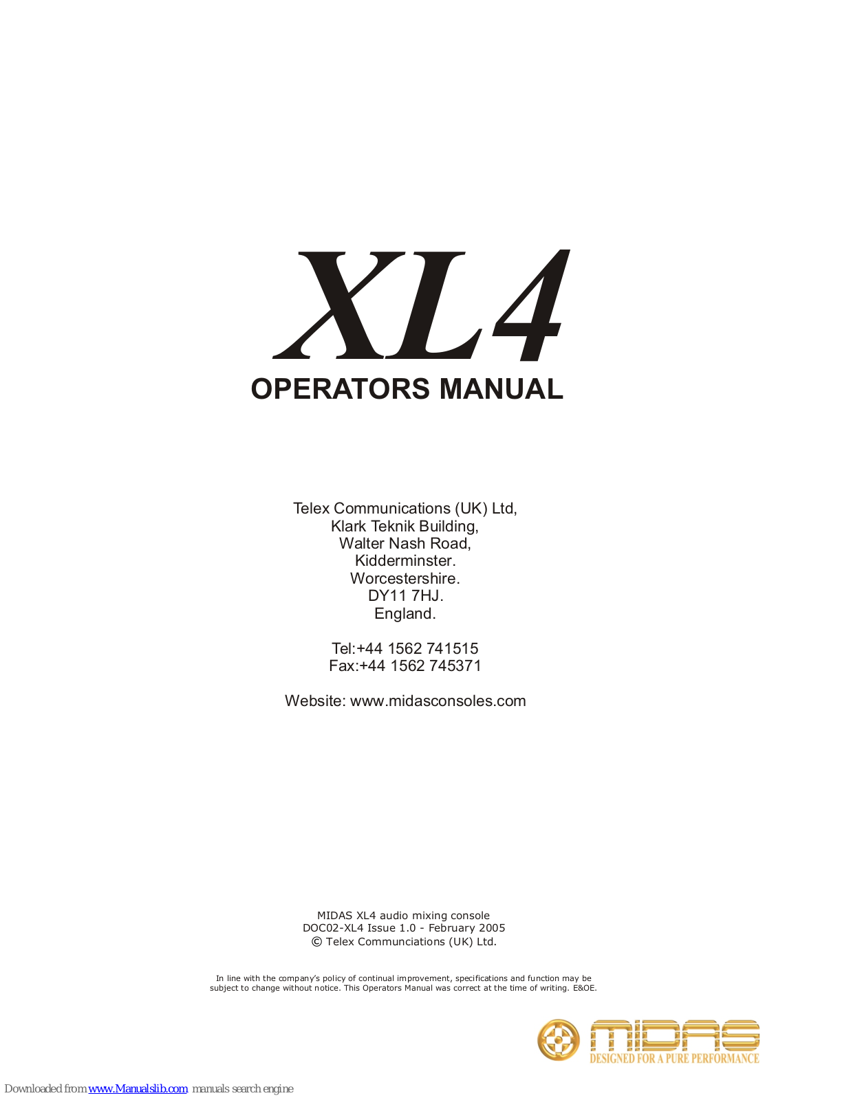 Telex Communications XL4 Operator's Manual