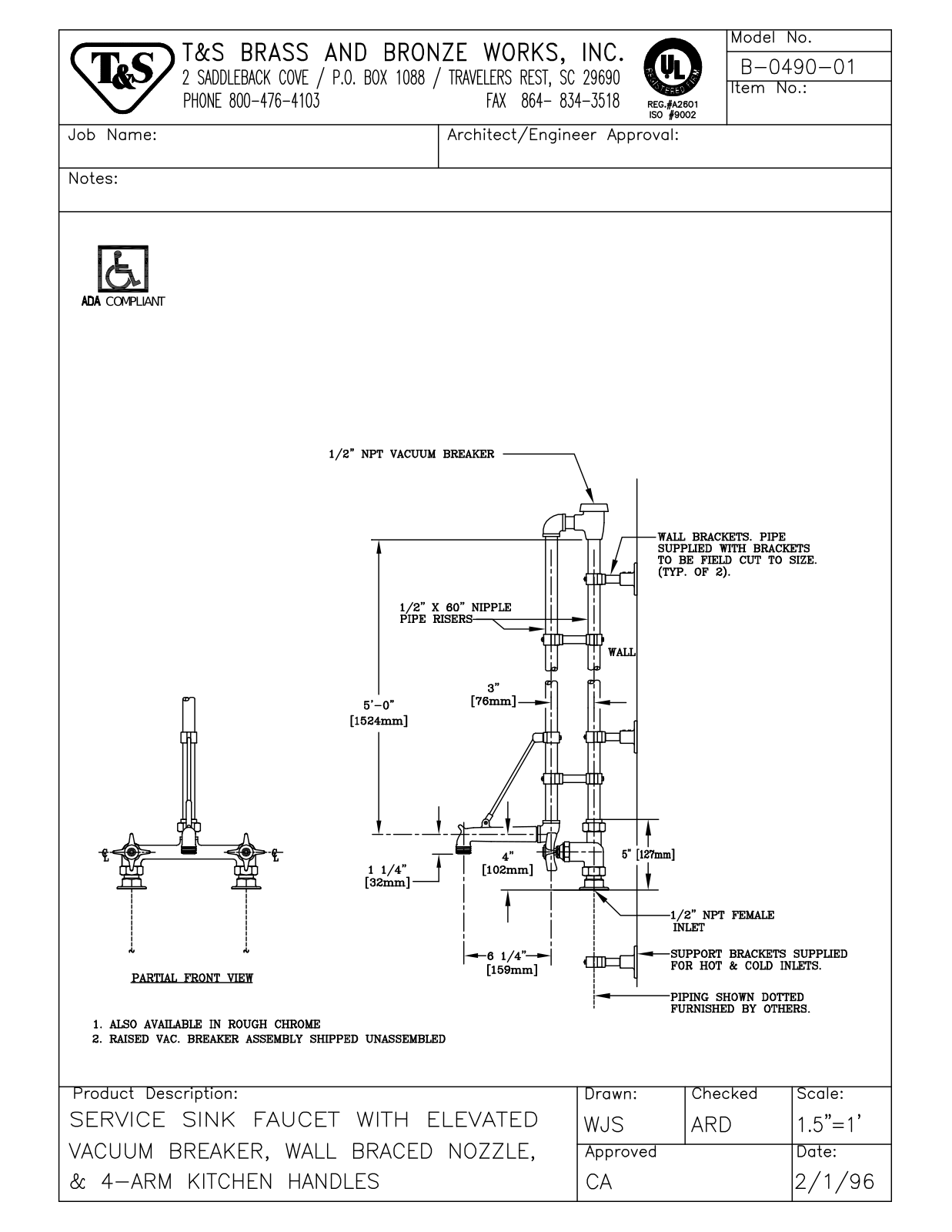 T&S Brass B-0490-01 User Manual