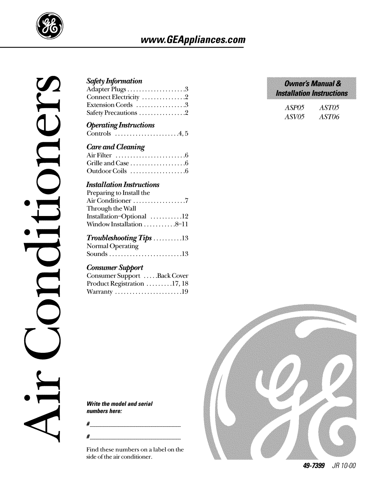 GE AST05LCS1, ASP05LCS1, ASV05LCS1 Owner’s Manual
