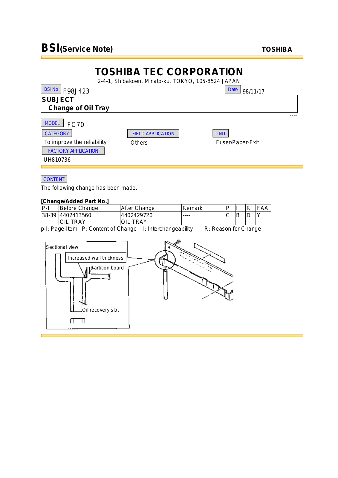 Toshiba f98j423 Service Note