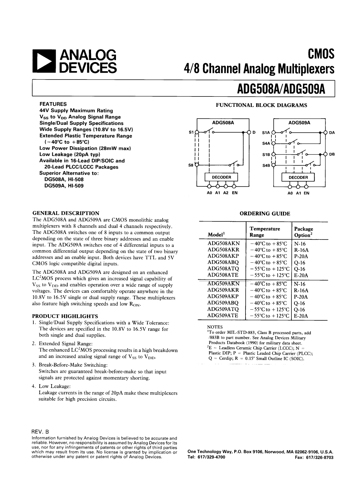 Analog Devices ADG509A, ADG508A Datasheet