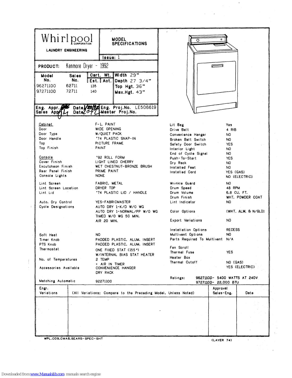 Kenmore 97271100, 96271100 Specifications - ManualMachine.com