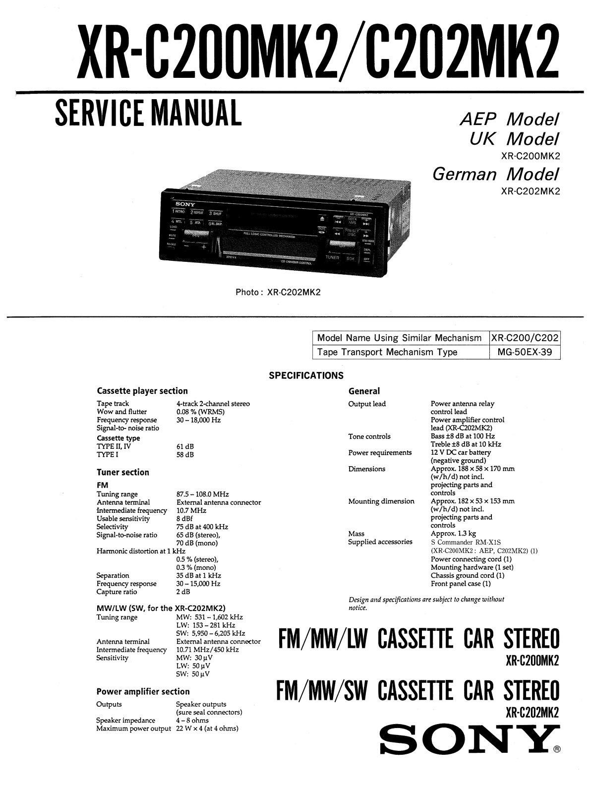 Sony XR-C200MK2, XR-C202MK2 Service Manual