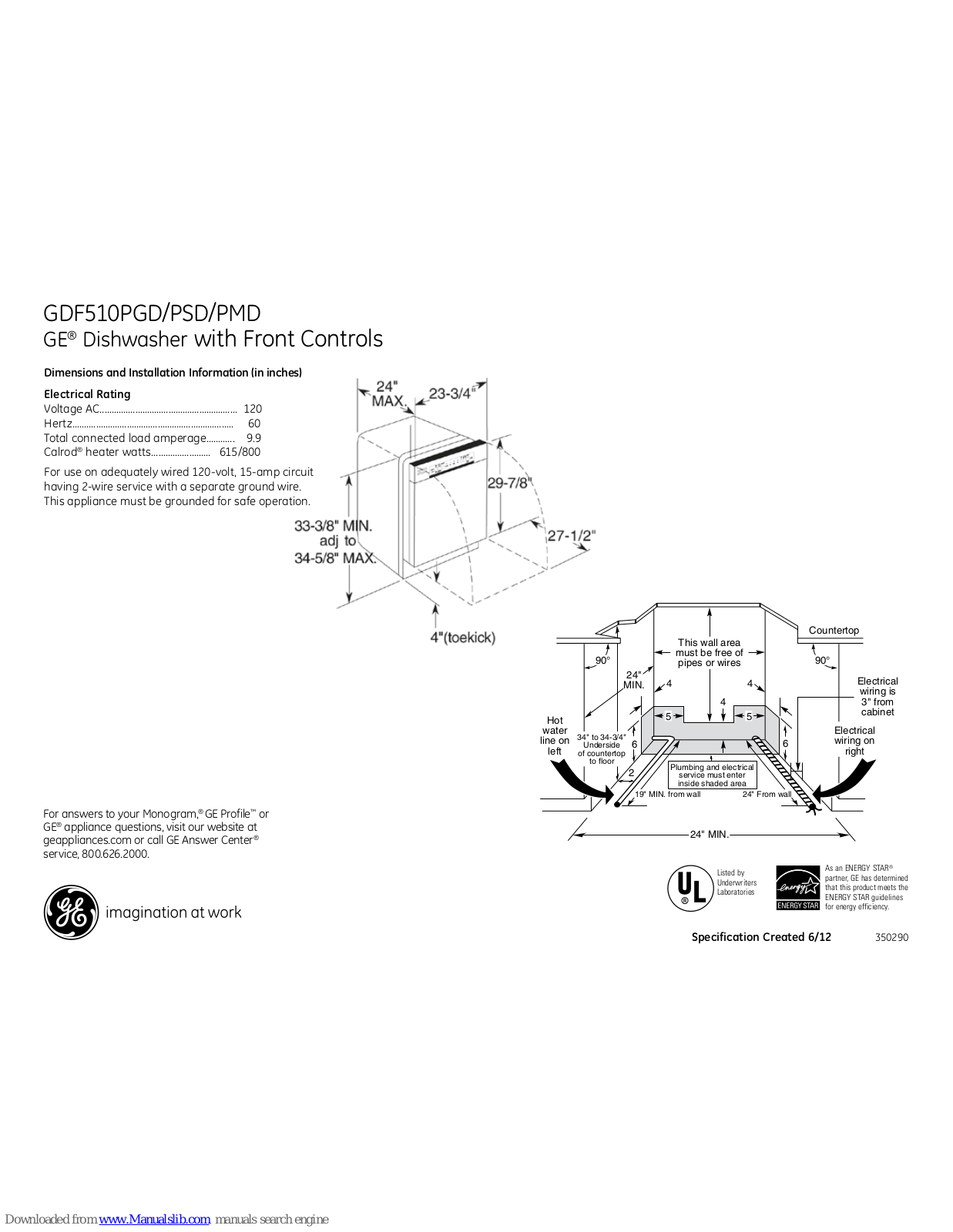 GE GDF510PSDSS, GDF510PGD, GDF510PSD, GDF510PMD, GDF510PGDWW Dimensions And Installation Information