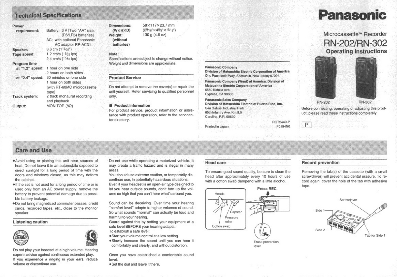 Panasonic rn-202 Operation Manual