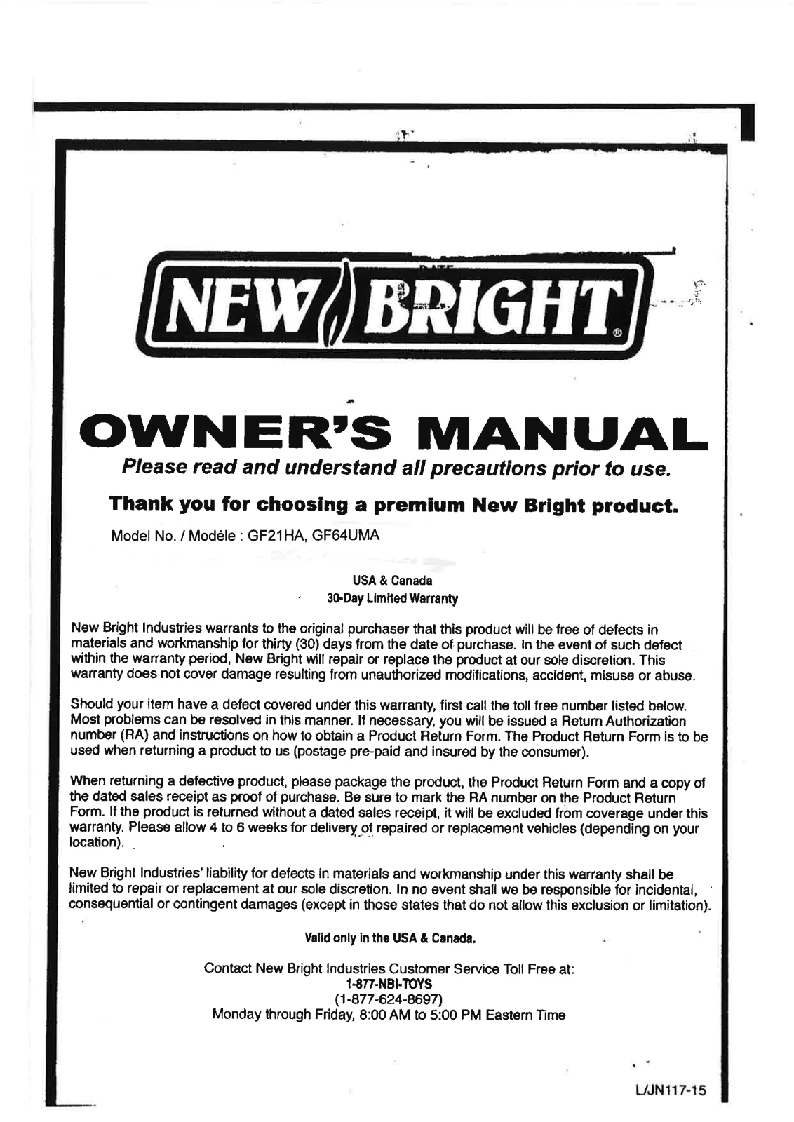 New Bright Co GF21HA, GF64UMA User Manual