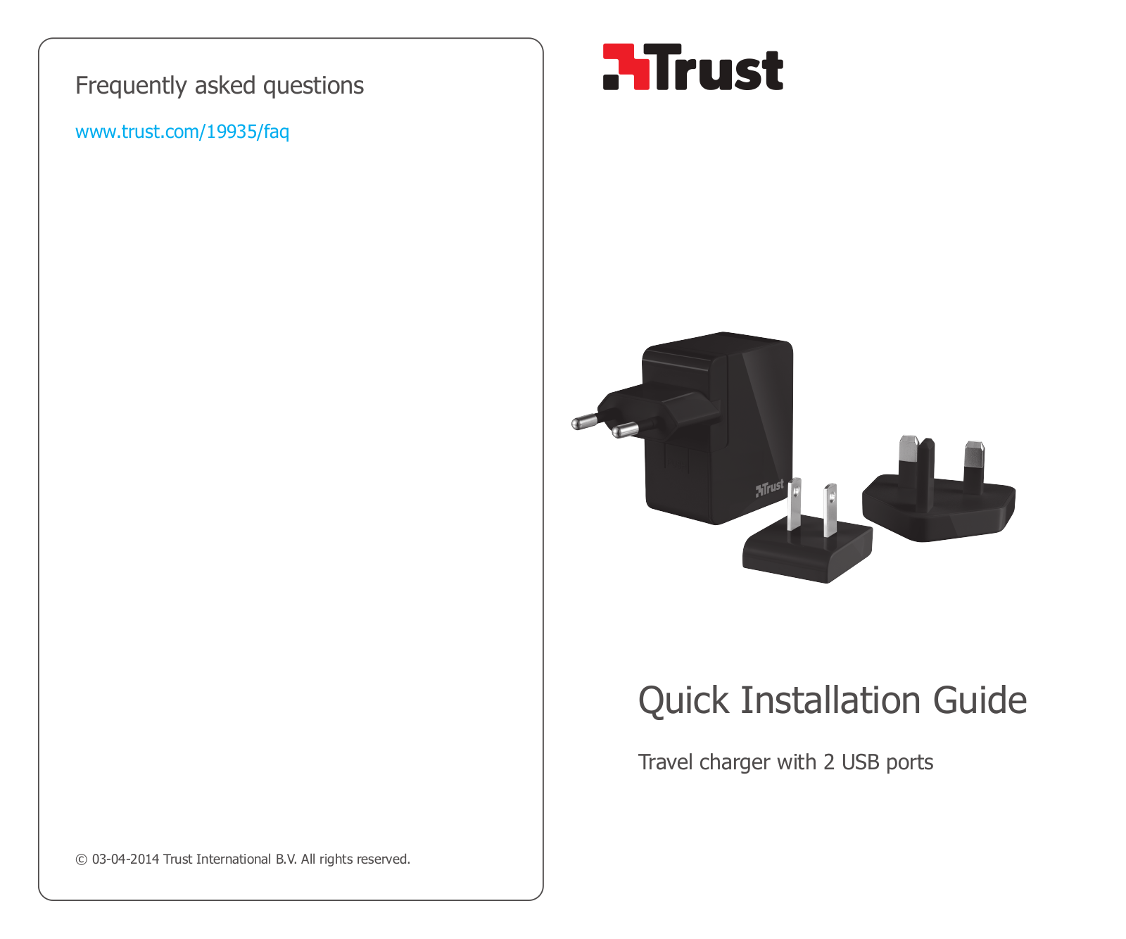 Trust 19935, Travel charger with 2 USB ports User guide