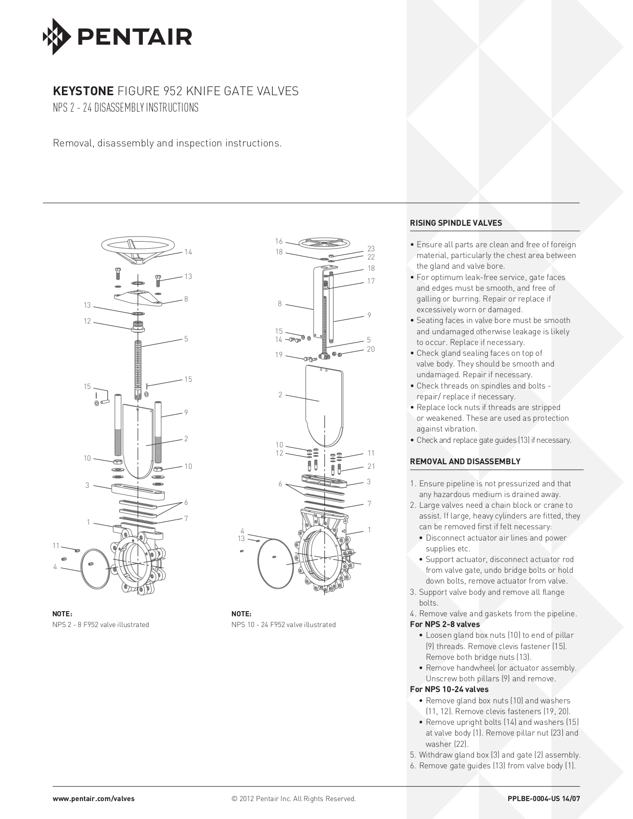 Pentair Keystone Figure 952 NPS 2, Keystone Figure 952 NPS 8, Keystone Figure 952 NPS 10, Keystone Figure 952 NPS 24 Disassembly Instructions Manual