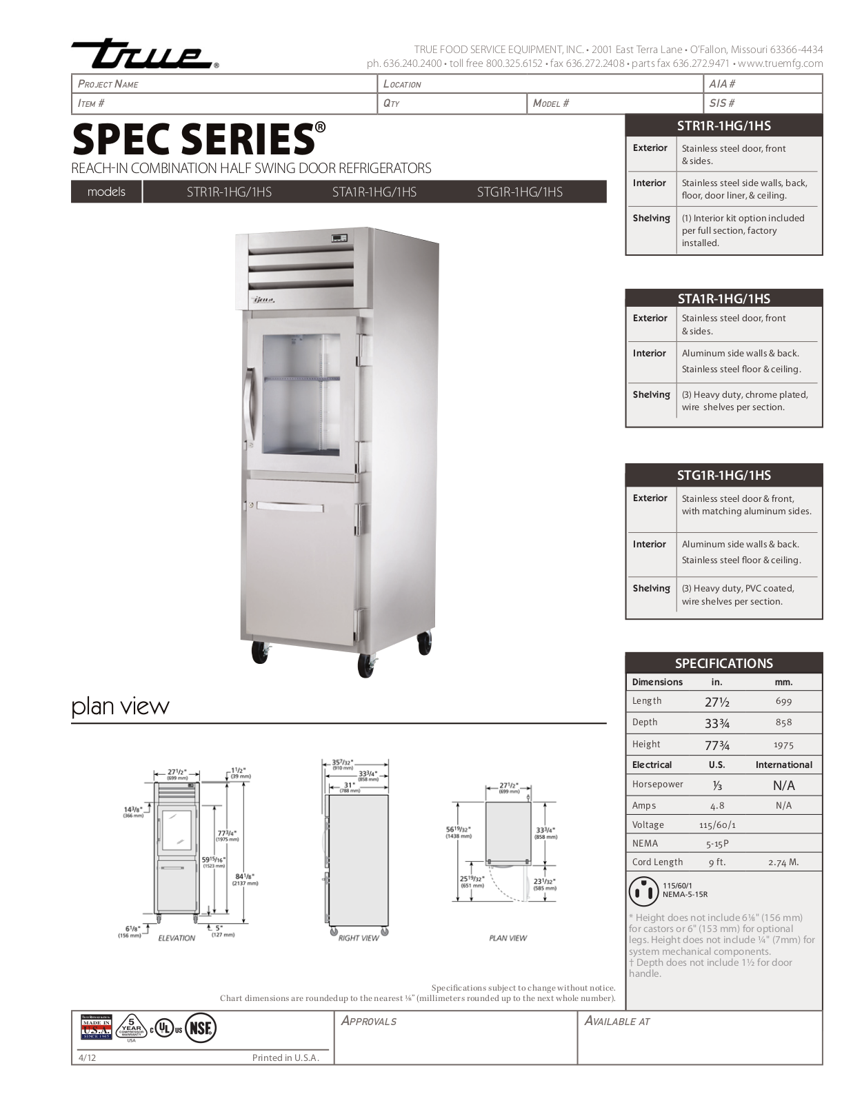 True STA1R-1HG User Manual