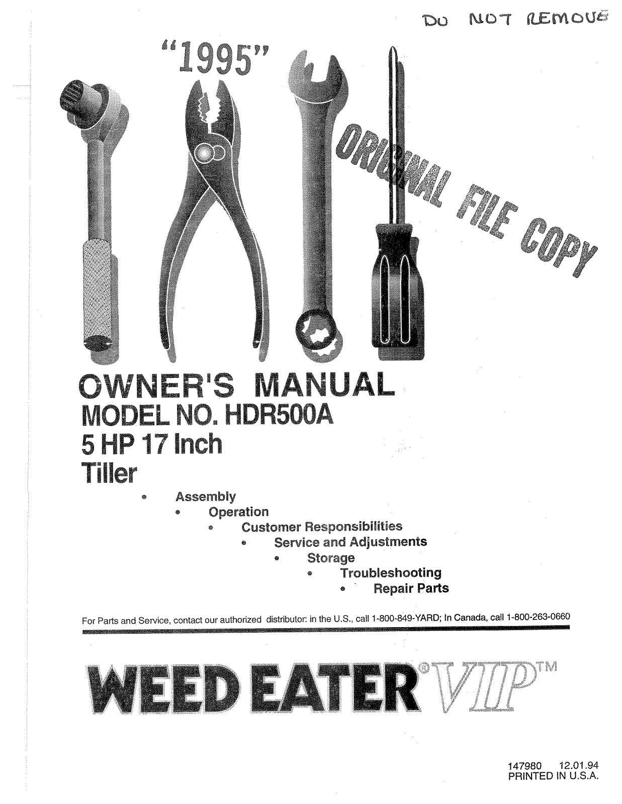 Weed Eater 147980, HDR500A User Manual