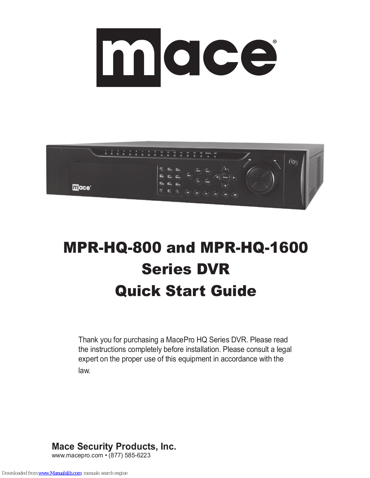 Mace MPR-HQ-1600 Series, MPR-HQ-800 Series Quick Start Manual