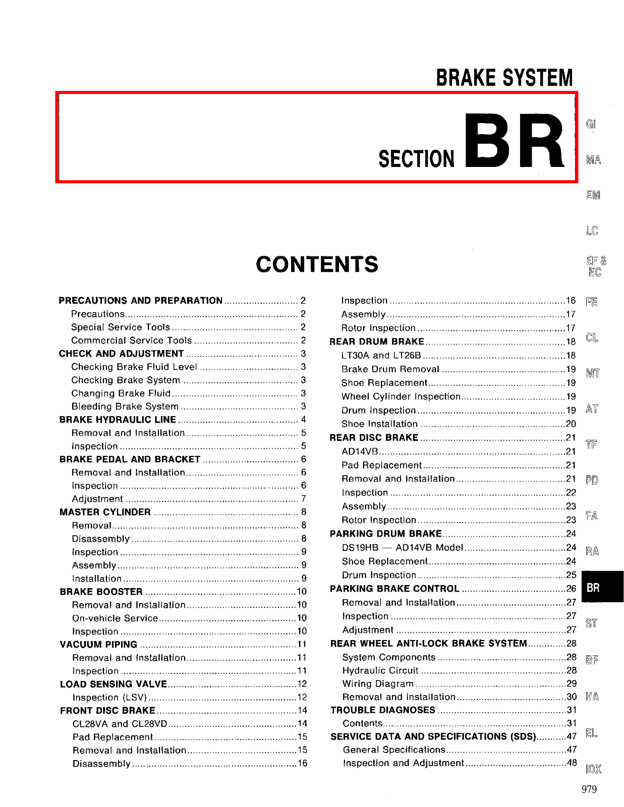 Nissan D21 Brake System Section BR 1994 Owner's Manual