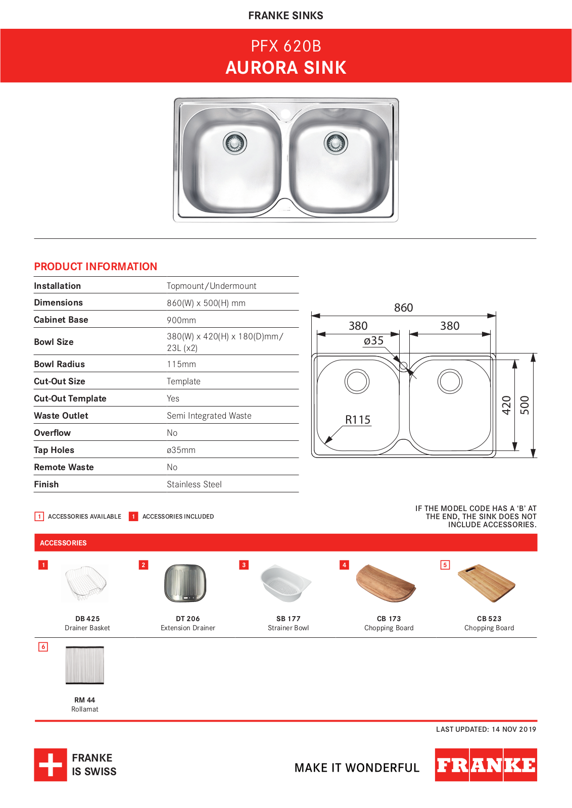 Franke PFX620B Specifications Sheet