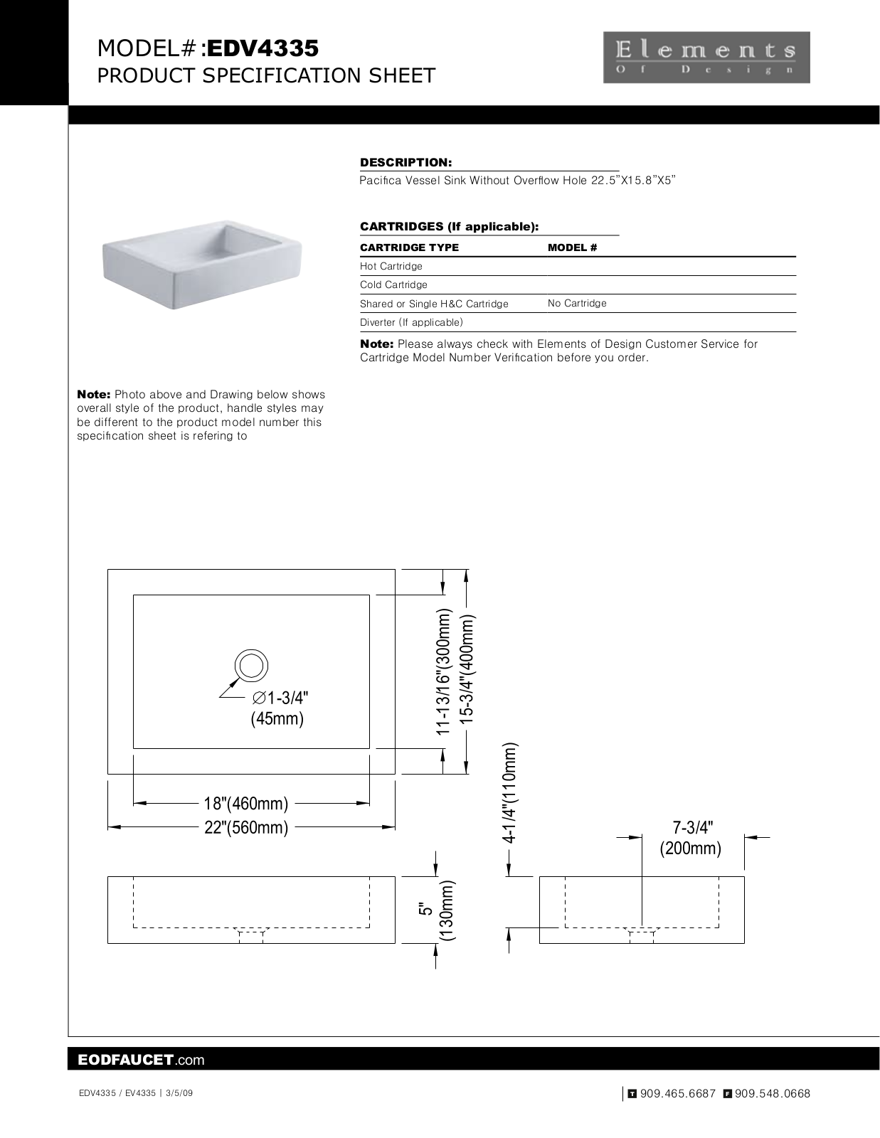 Elements of Design EDE1835 Specification Sheet - ManualMachine.com