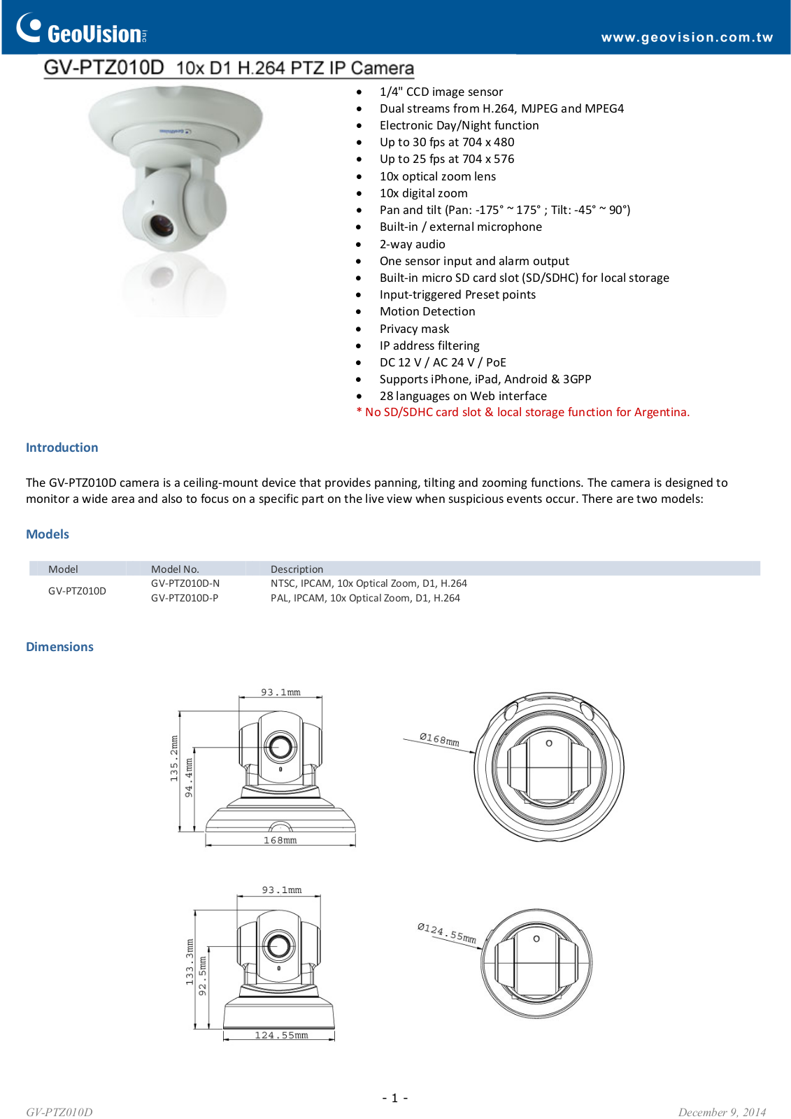 Geovision GV‐PTZ010D Specsheet