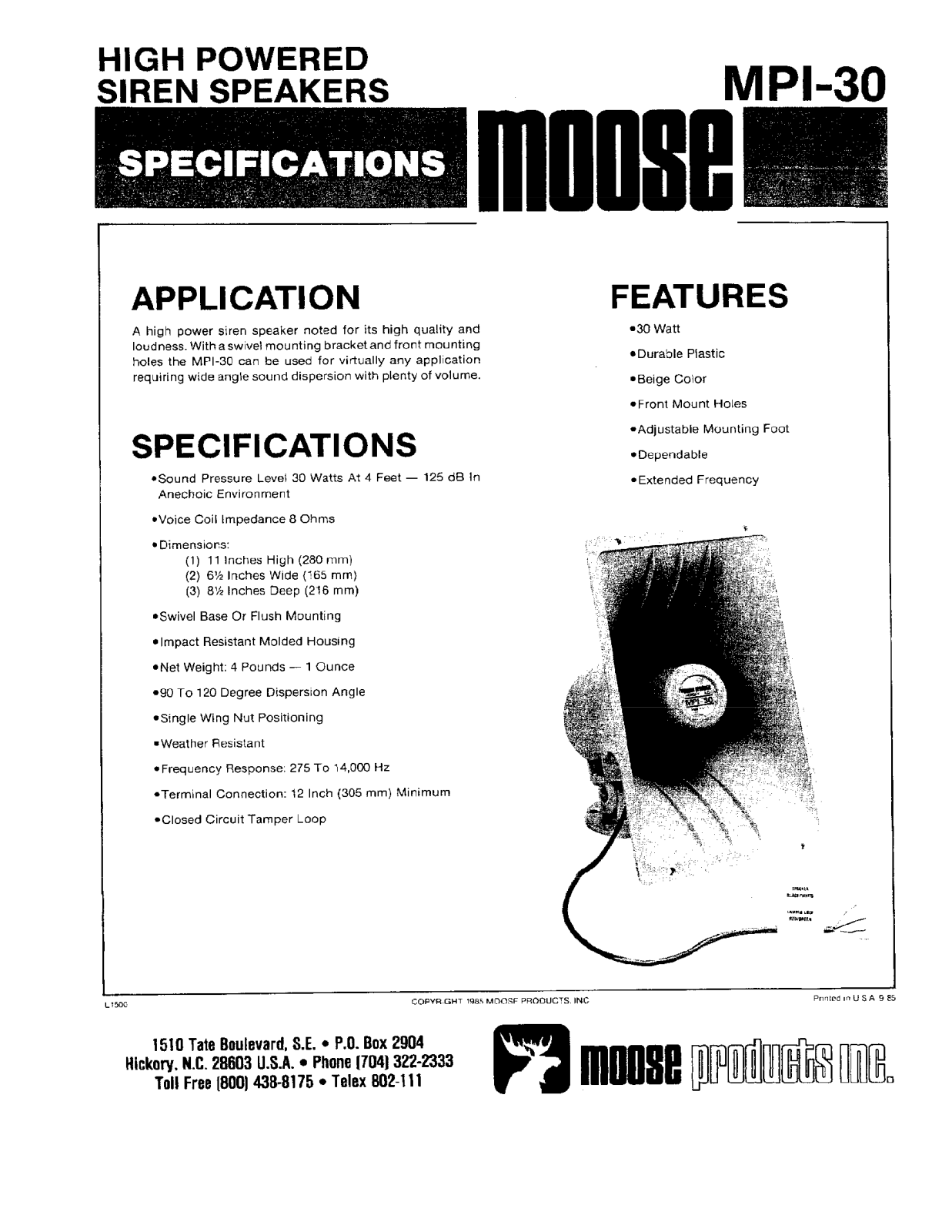 Interlogix MPI-30 Specsheet