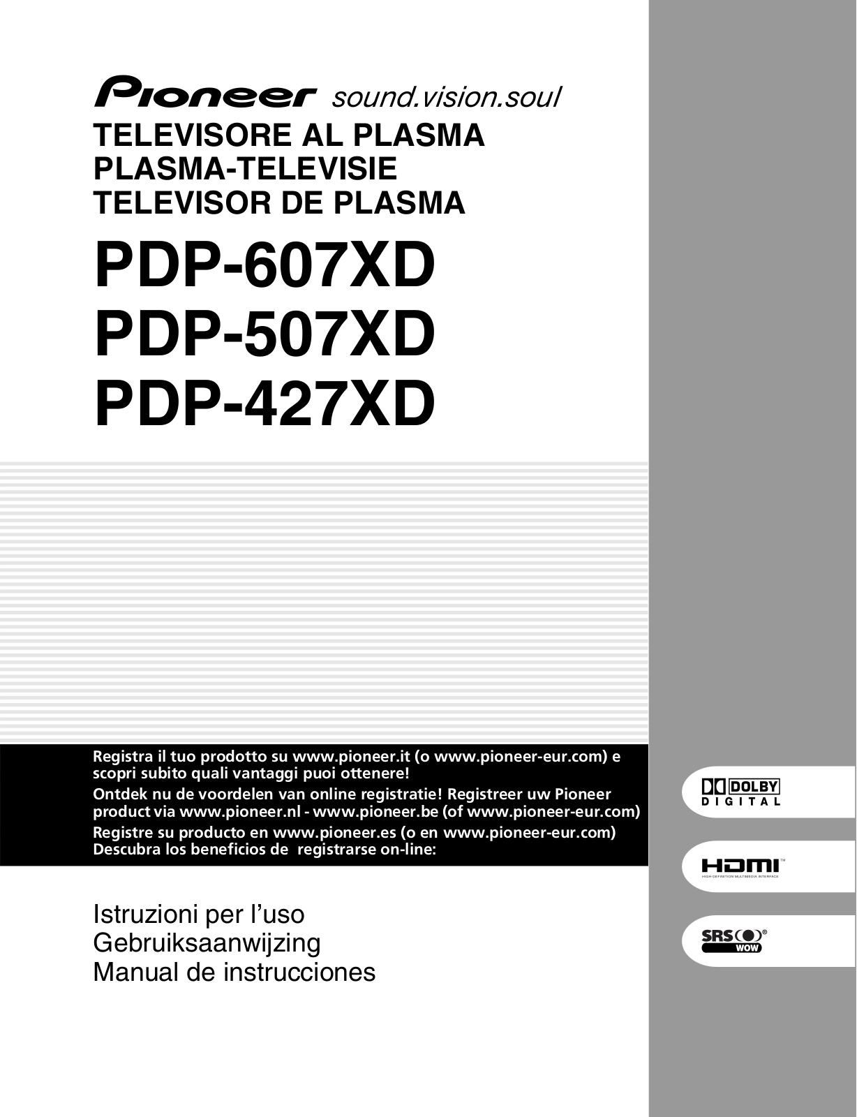Pioneer PDP-607XD, PDP-427XD, PDP-507XD User manual
