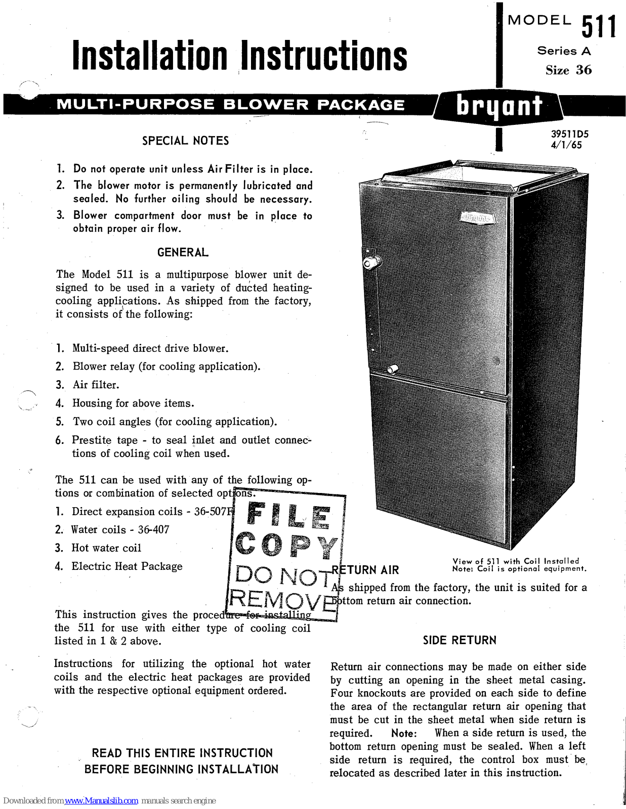 Bryant 511 A 36, 511, 36-511 Installation Instructions Manual