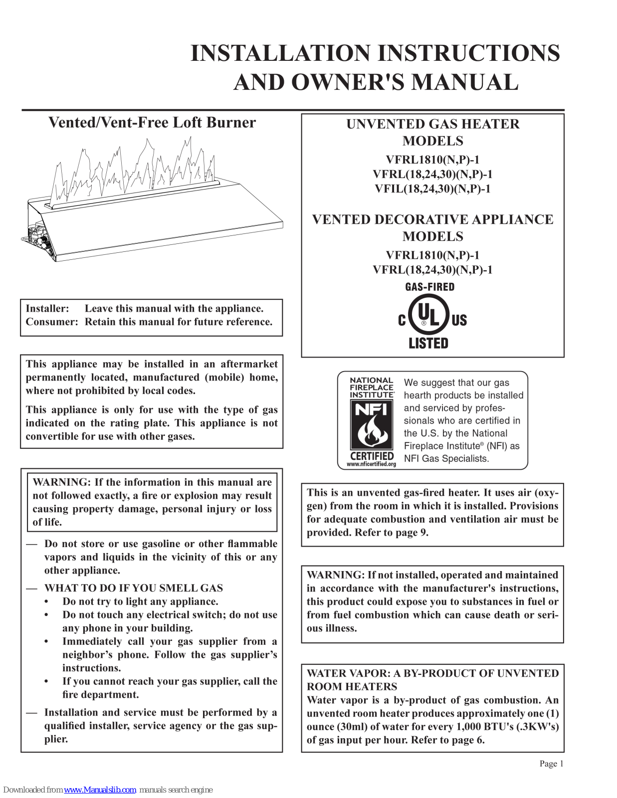 Empire VFRL1810N, VFRL1810P, VFIL18P, VFIL18N, VFRL18P Installation Instructions And Owner's Manual