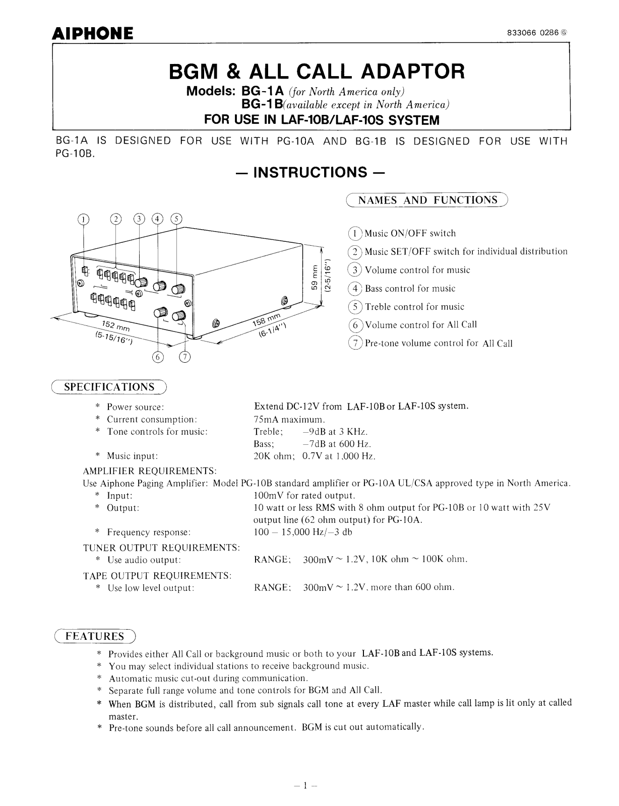 Aiphone BG-1A INSTALLATION INSTRUCTIONS