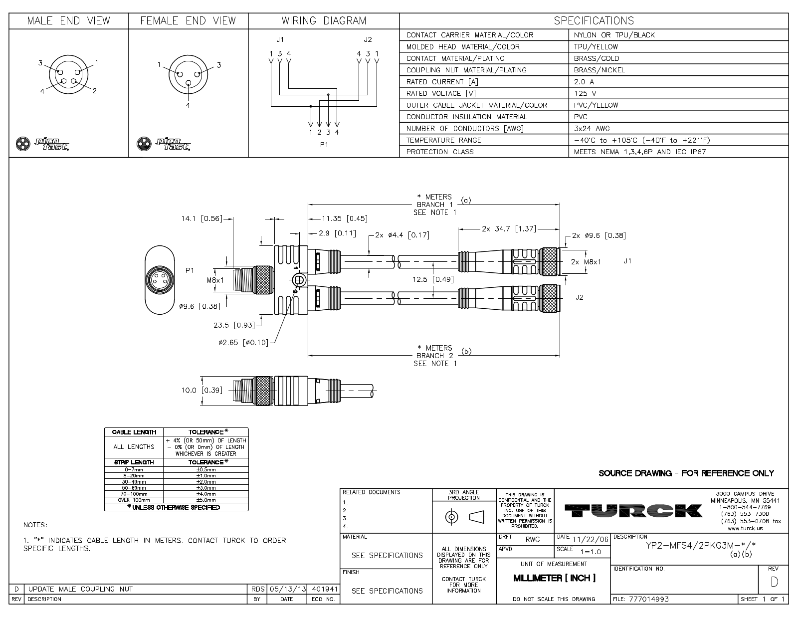 Turck YP2-MFS4/2PKG3M-0.2/0.2 Specification Sheet