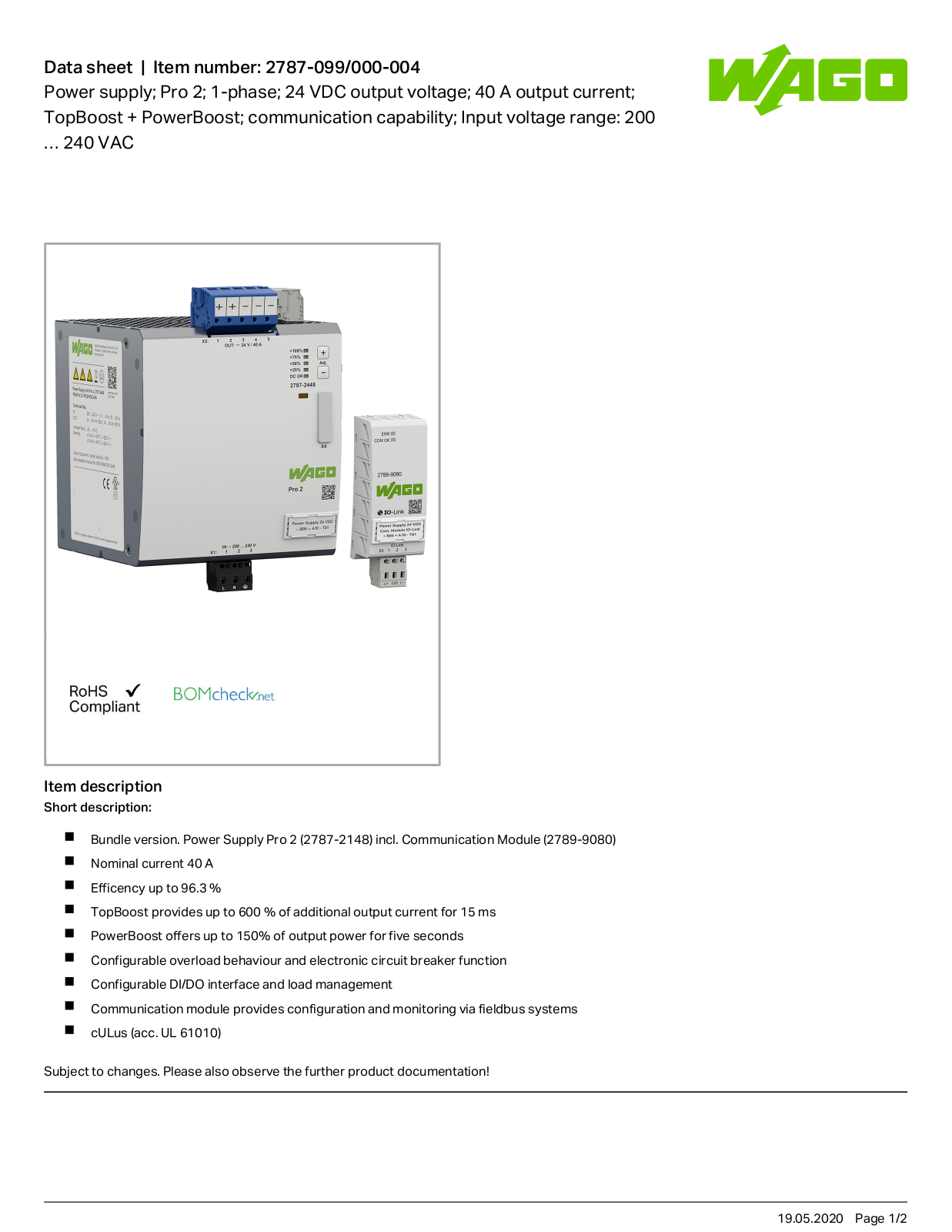 Wago 2787-099/000-004 Data Sheet