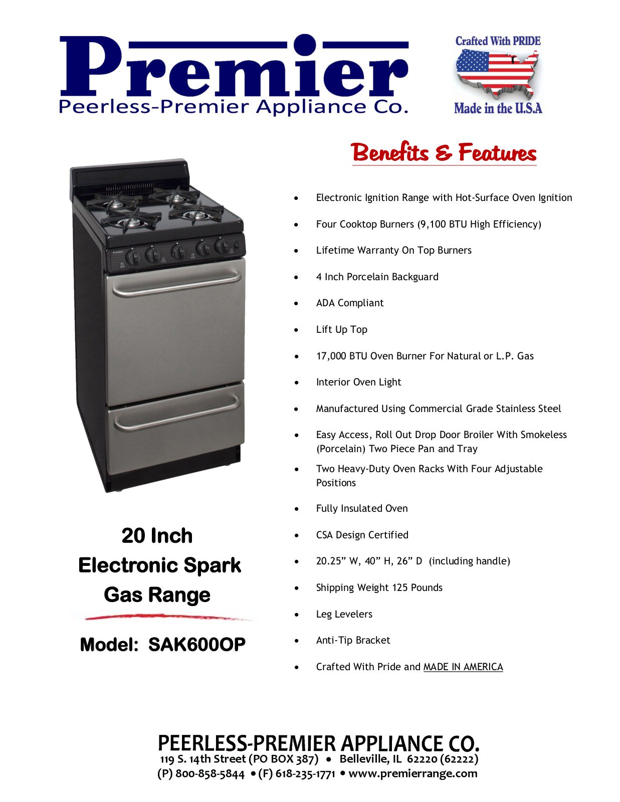 Premier SAK600BP Specifications - ManualMachine.com