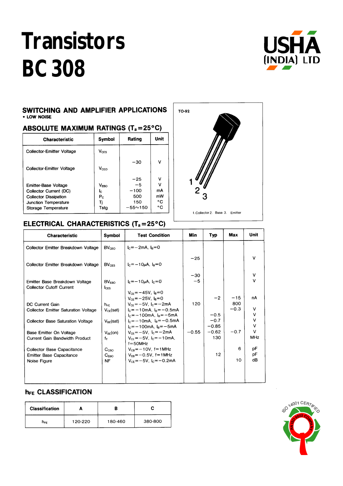 USHA BC308 Datasheet