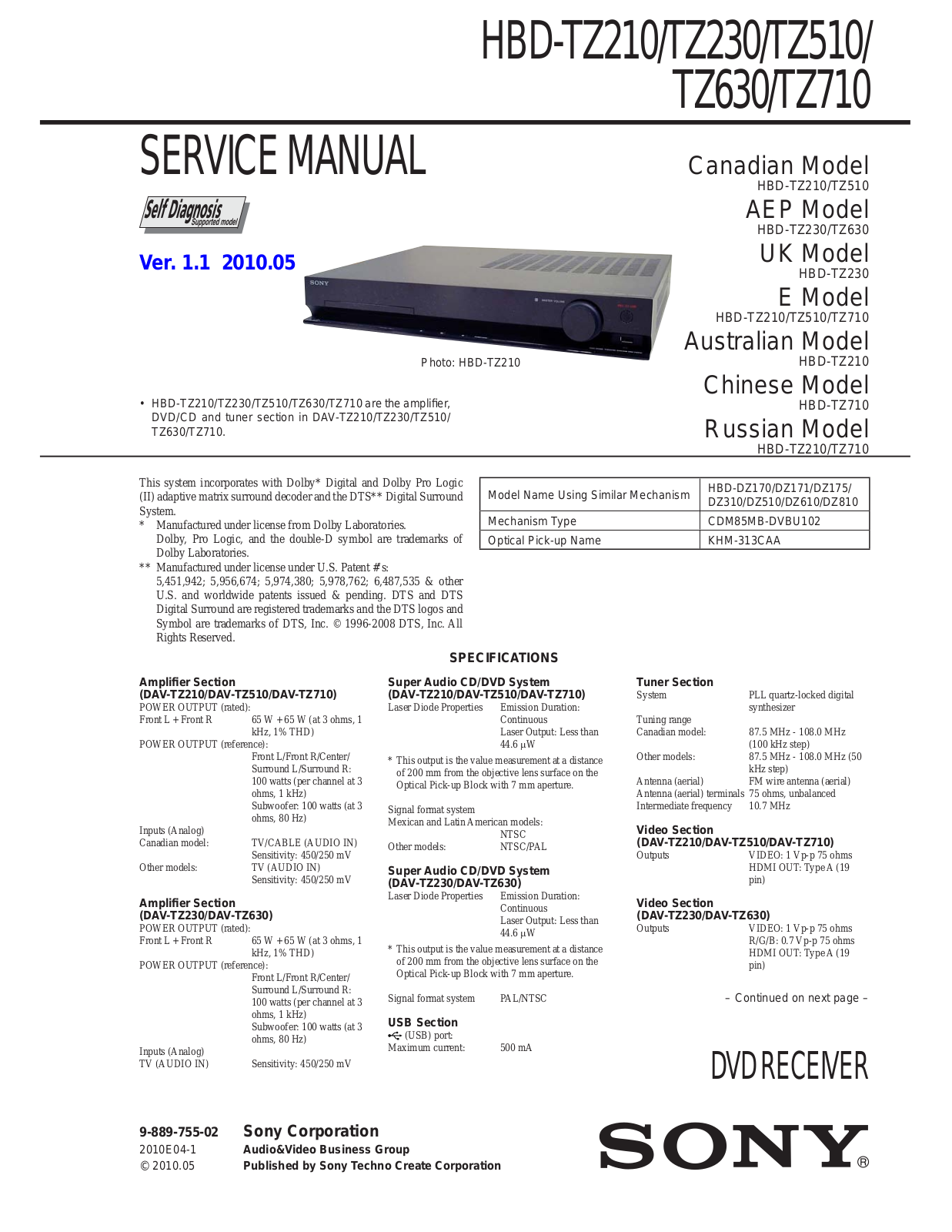 Sony HBD-TZ630, HBD-TZ510, HBD-TZ230, HBD-TZ210, HBD-TZ710 User Manual