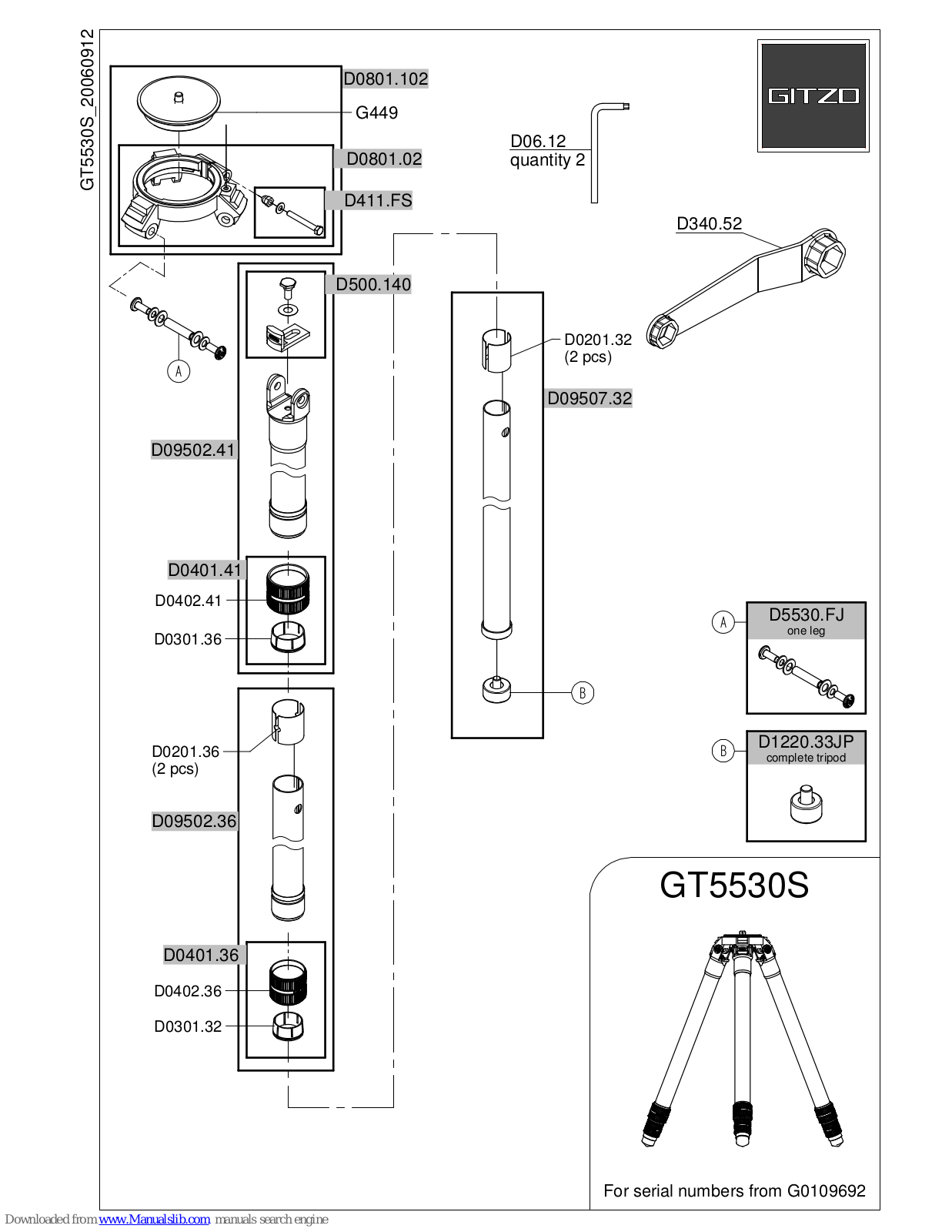 Gitzo Series 5 Systematic GT5530S, 5 GT5530S Parts List